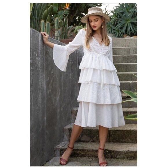 COTTAGE Core White Woven Dress w/ ruffle layer & flare sleeves - Picture 9 of 9